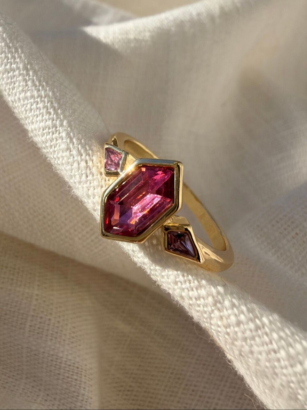 Pink Cubic Zirconia Geometric Statement Ring Gold Tone Cocktail Ring